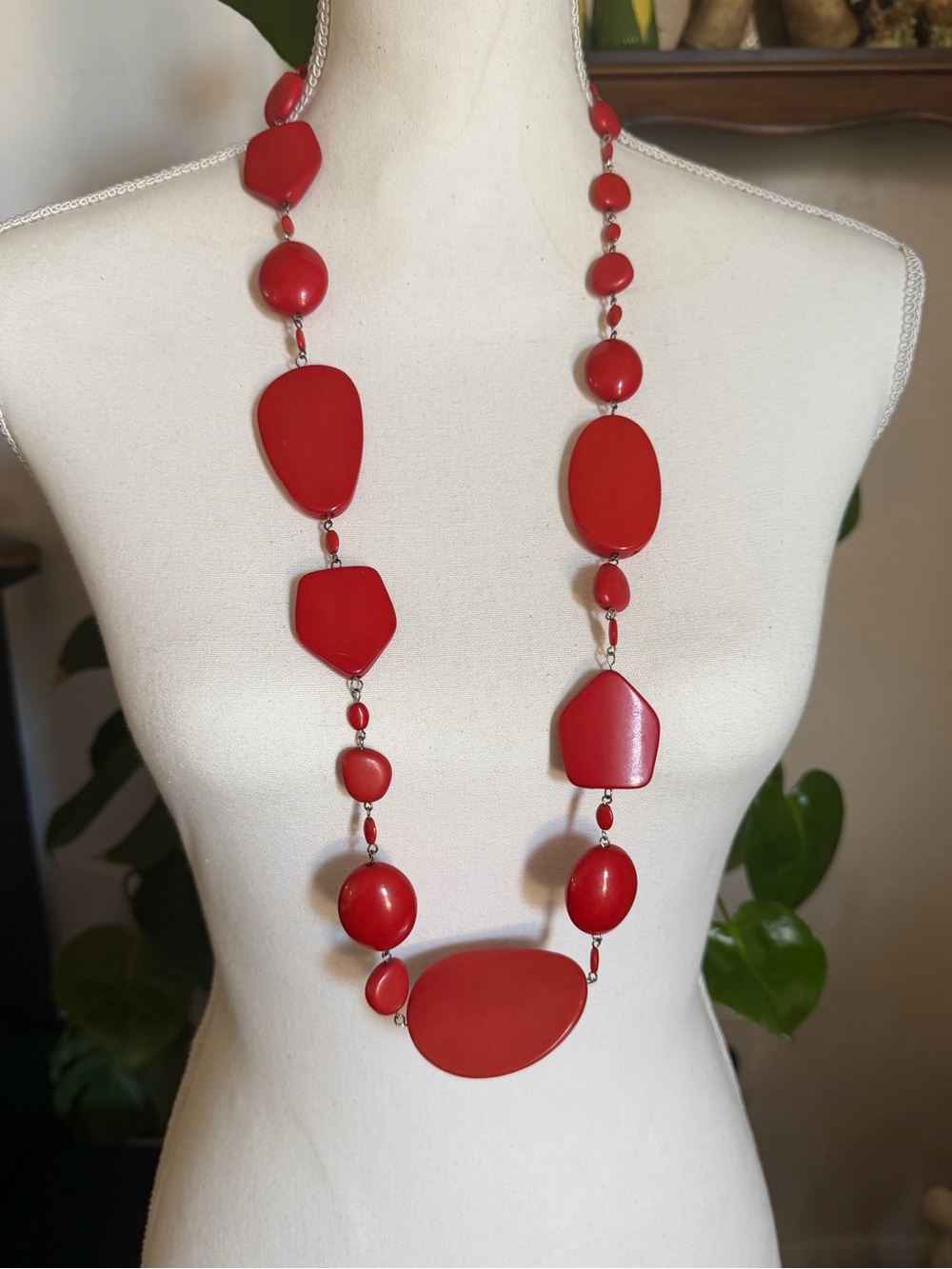 Vintage Cherry Red Lucite Geometric Bead  Chunky Statement Beaded Necklace